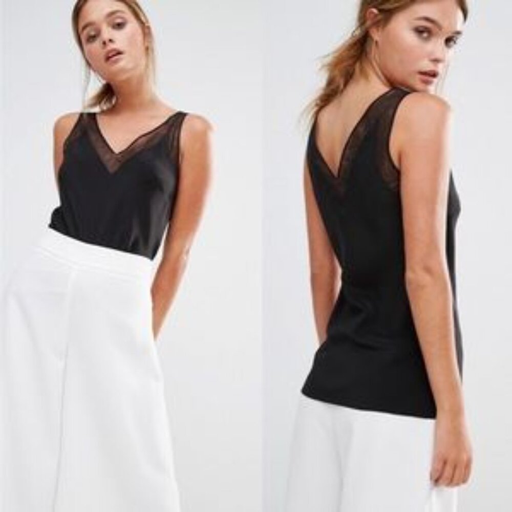 Hammered Silk Satin Tank Top Cami with Sheer Mesh Trim